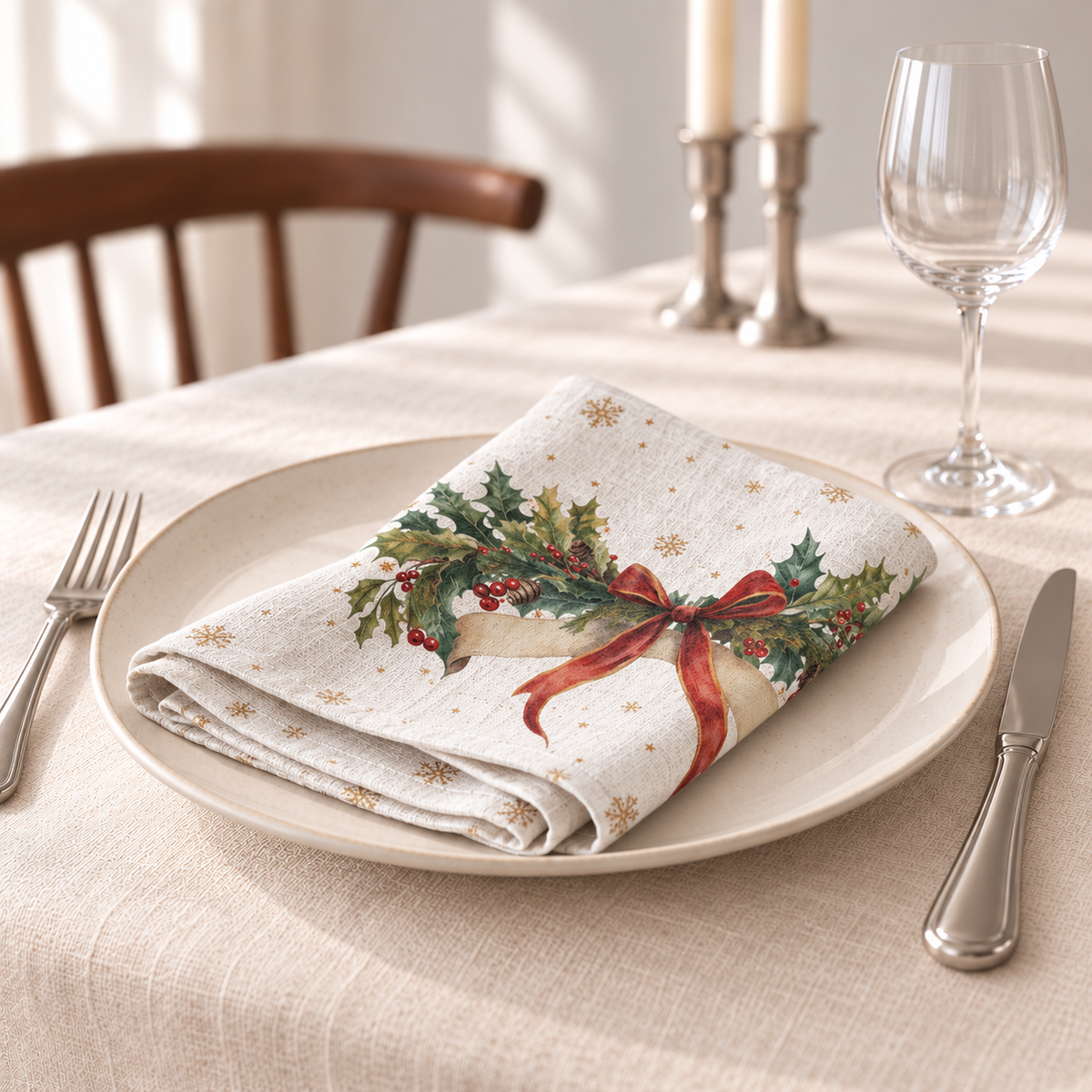 Servietten für Weihnachten aus bedrucktem Leinen – Schleifenzauber