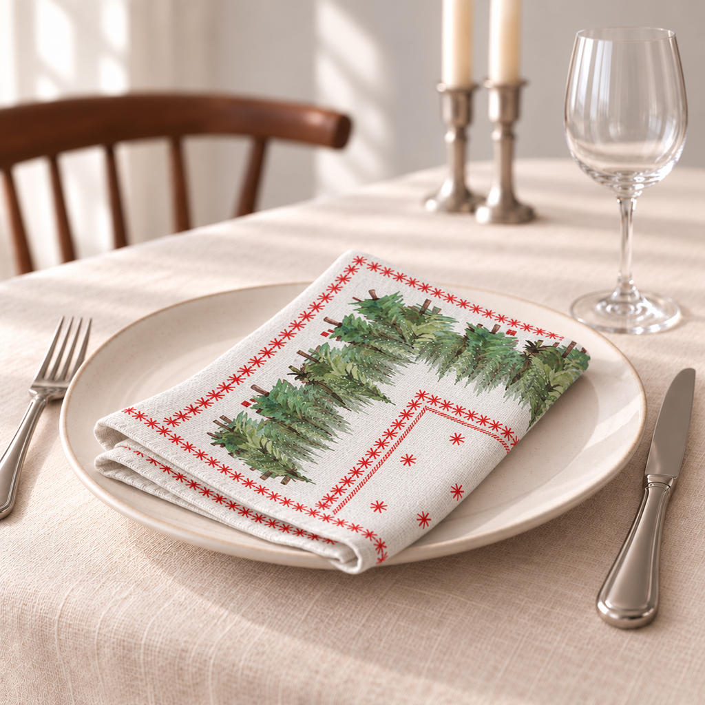 Servietten für Weihnachten aus bedrucktem Leinen – Tannen & Sterne