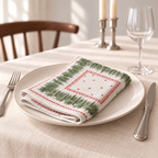 Servietten für Weihnachten aus bedrucktem Leinen – Tannen & Sterne