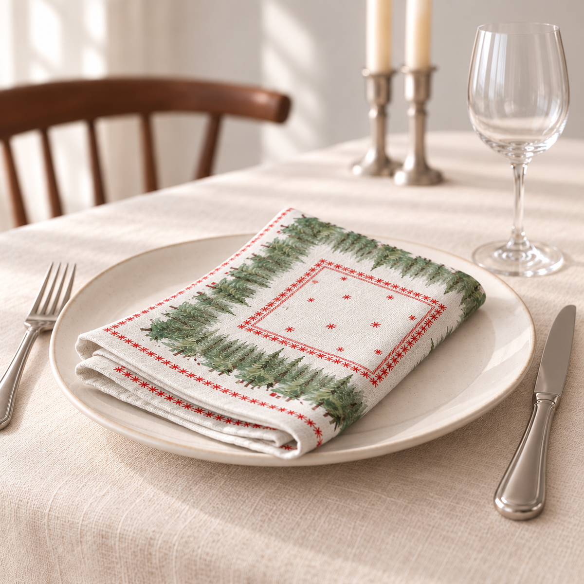 Servietten für Weihnachten aus bedrucktem Leinen – Tannen & Sterne