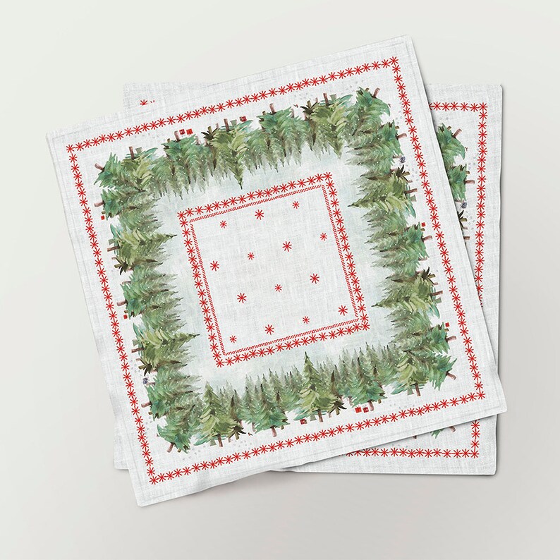 Servietten für Weihnachten aus bedrucktem Leinen – Tannen & Sterne