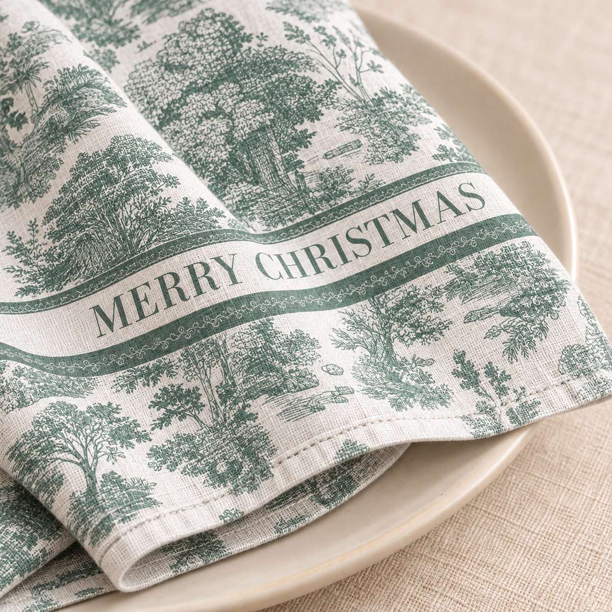 Servietten für Weihnachten aus bedrucktem Leinen – Tannenpanorama