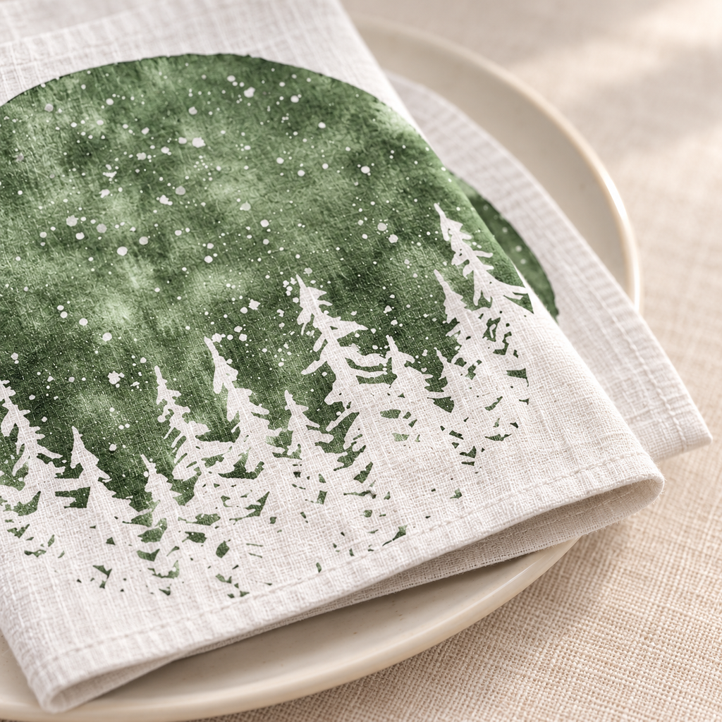 Servietten für Weihnachten aus bedrucktem Leinen – Tannensilhouetten
