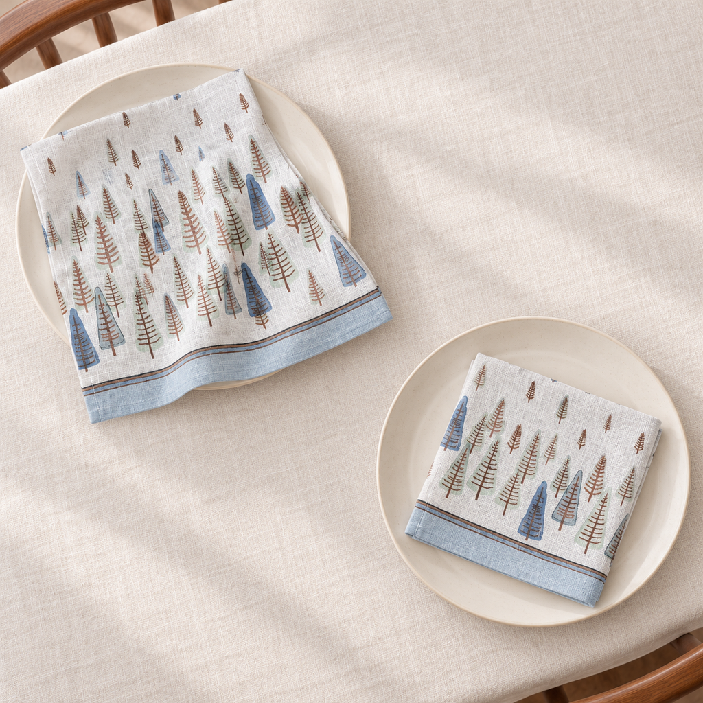Servietten für Weihnachten aus bedrucktem Leinen – Winteraquarell