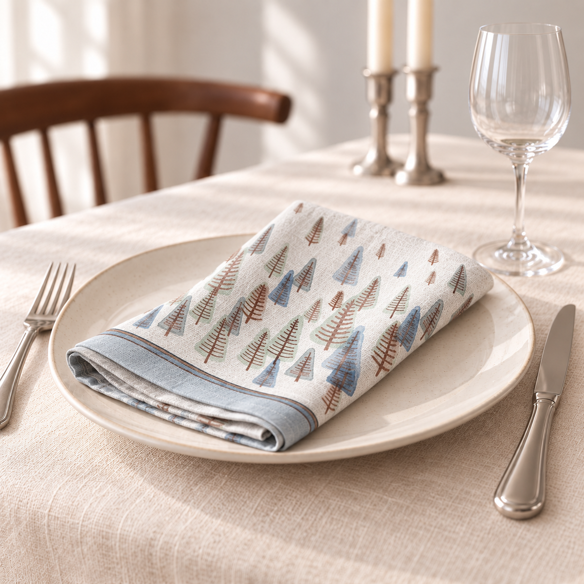 Servietten für Weihnachten aus bedrucktem Leinen – Winteraquarell