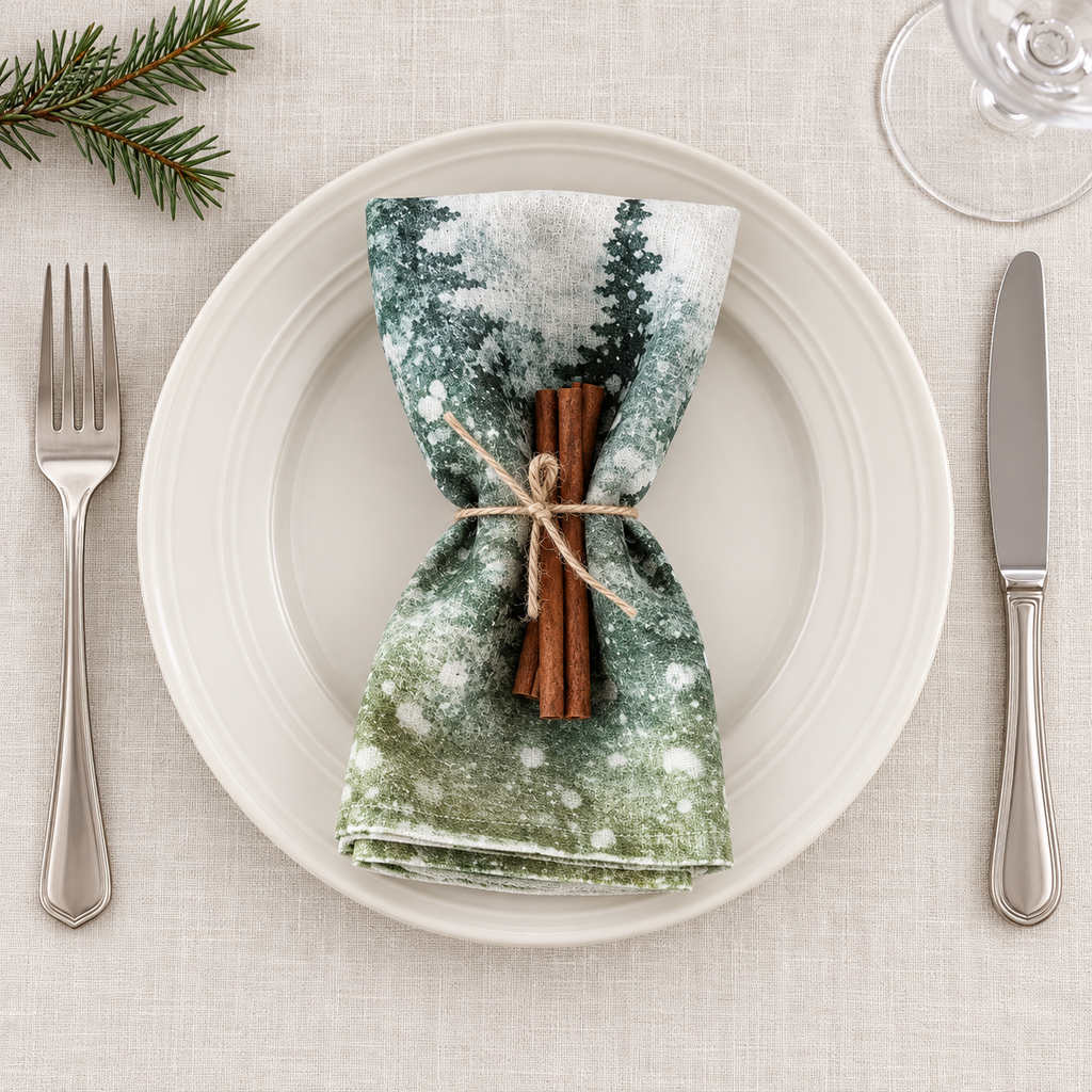Servietten für Weihnachten aus bedrucktem Leinen – Winterwald