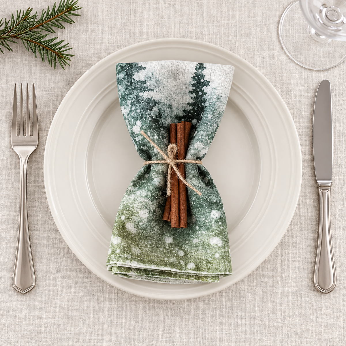 Servietten für Weihnachten aus bedrucktem Leinen – Winterwald
