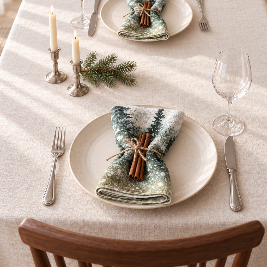 Servietten für Weihnachten aus bedrucktem Leinen – Winterwald