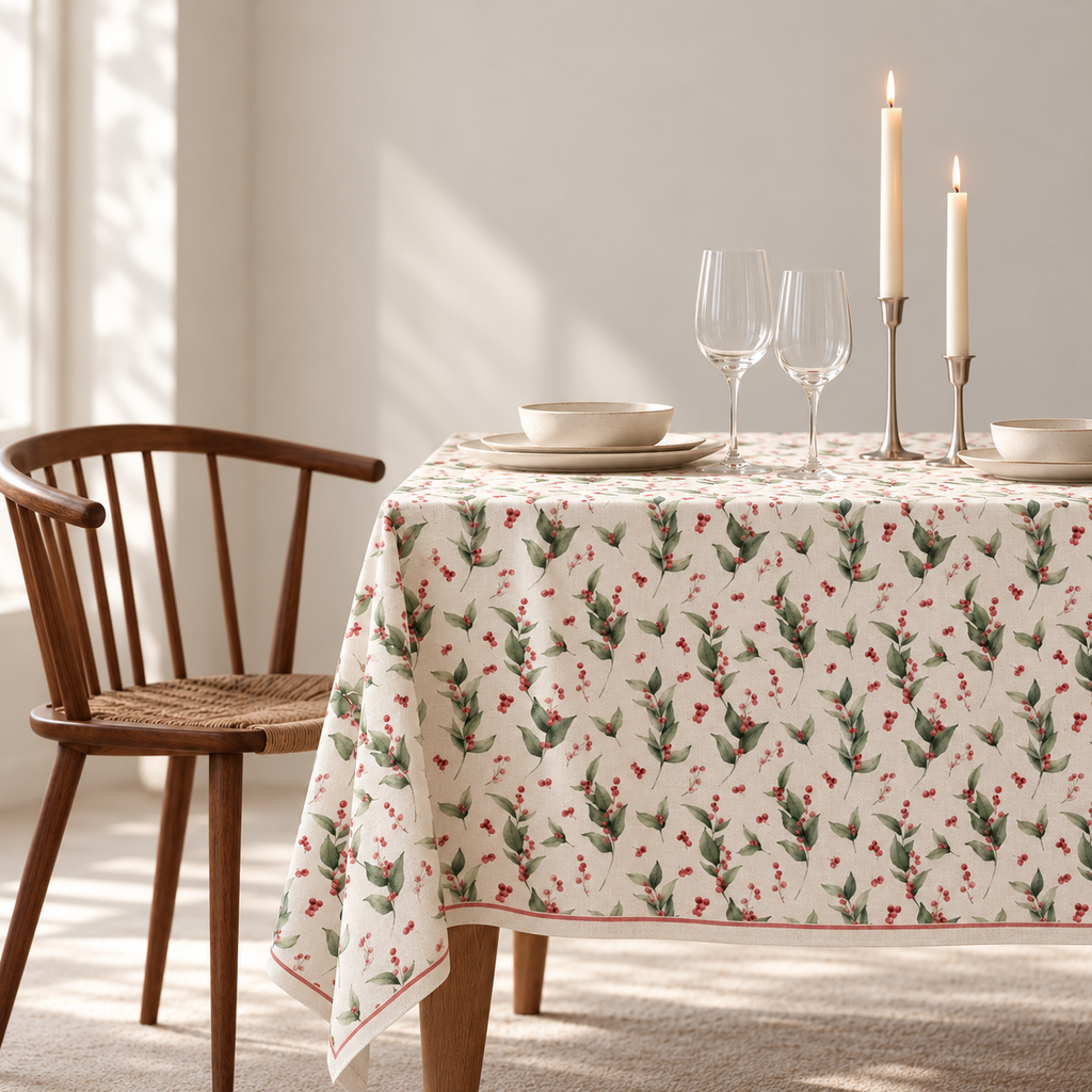 Tischdecke für Weihnachten aus bedrucktem Leinen – Beerenreigen