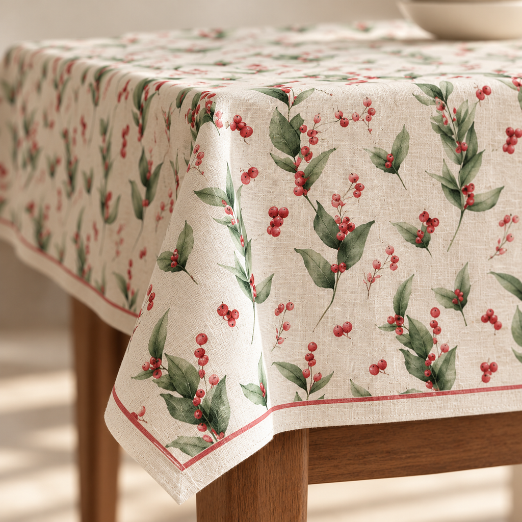 Tischdecke für Weihnachten aus bedrucktem Leinen – Beerenreigen