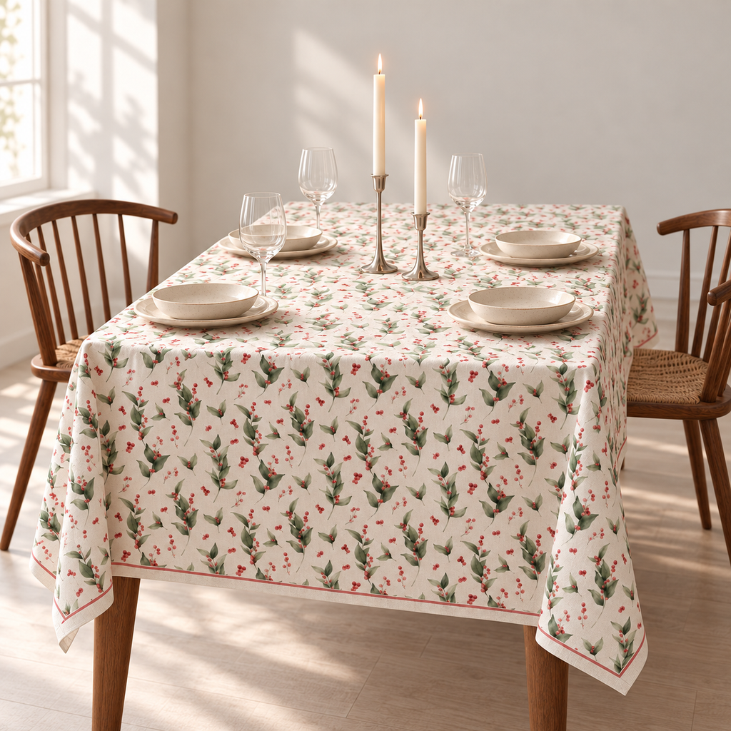 Tischdecke für Weihnachten aus bedrucktem Leinen – Beerenreigen