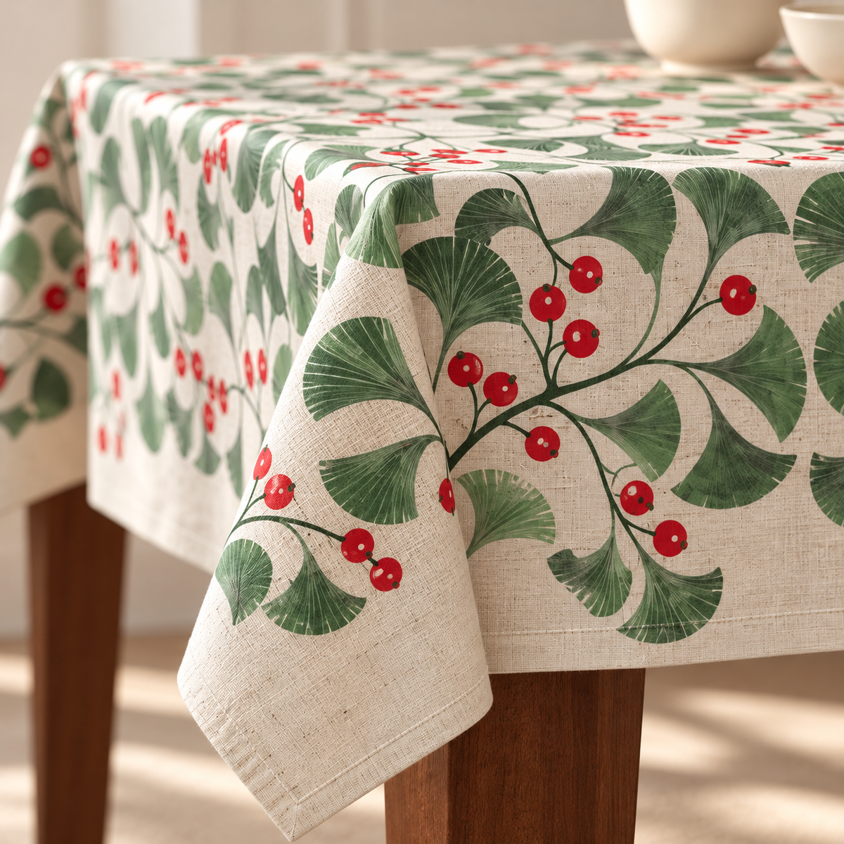 Tischdecke für Weihnachten aus bedrucktem Leinen – Beerenzweige