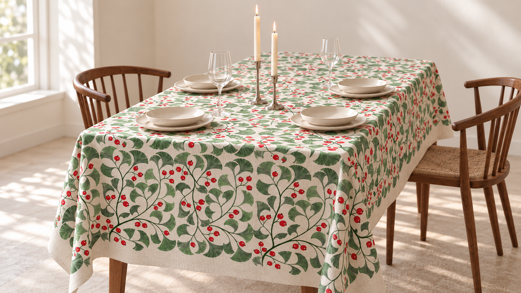 Tischdecke für Weihnachten aus bedrucktem Leinen – Beerenzweige