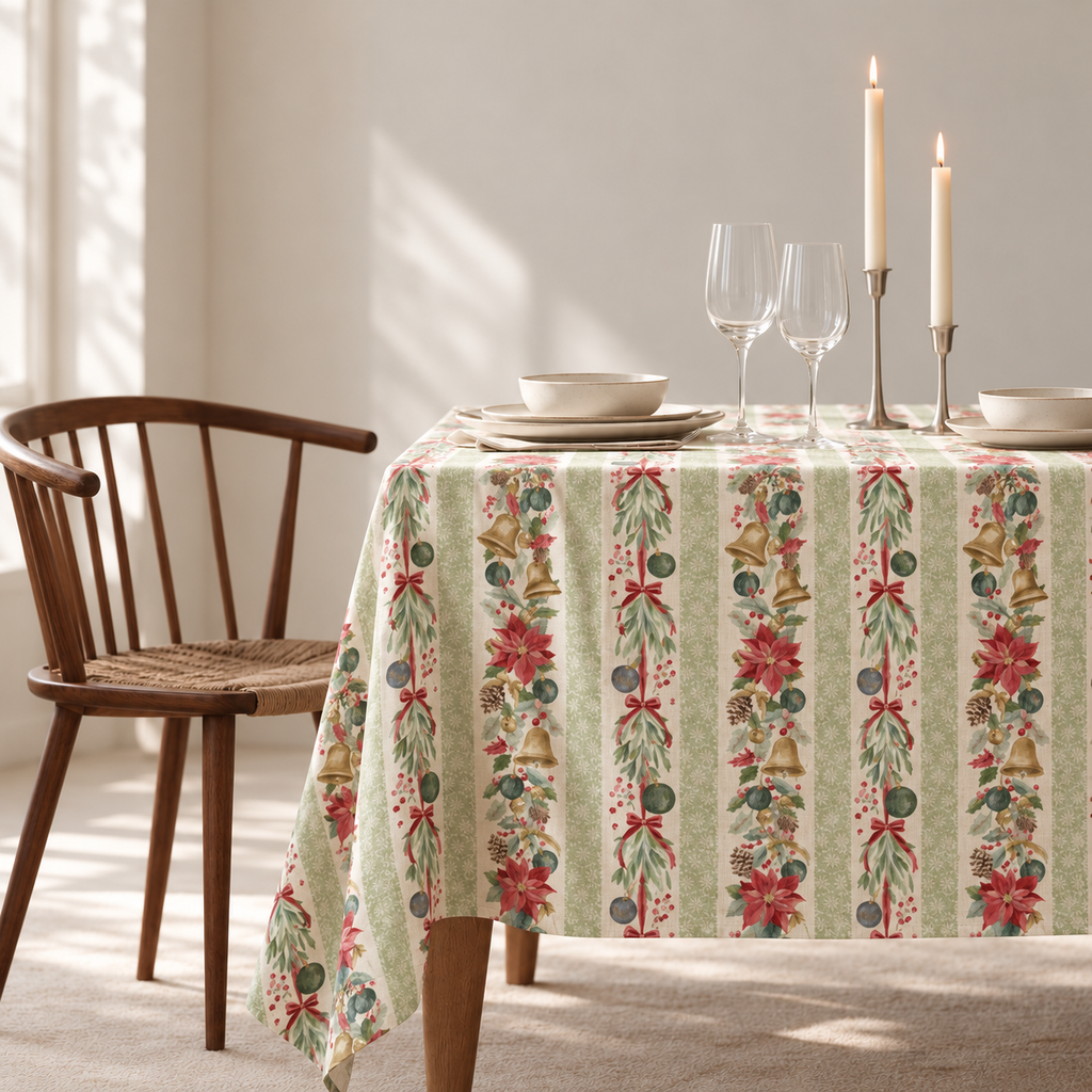 Tischdecke für Weihnachten aus bedrucktem Leinen – Festliche Girlanden
