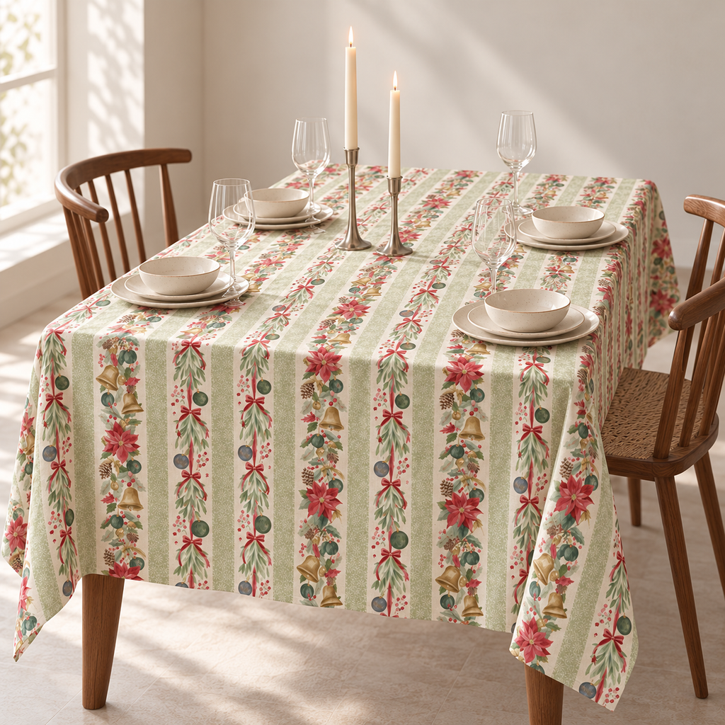 Tischdecke für Weihnachten aus bedrucktem Leinen – Festliche Girlanden