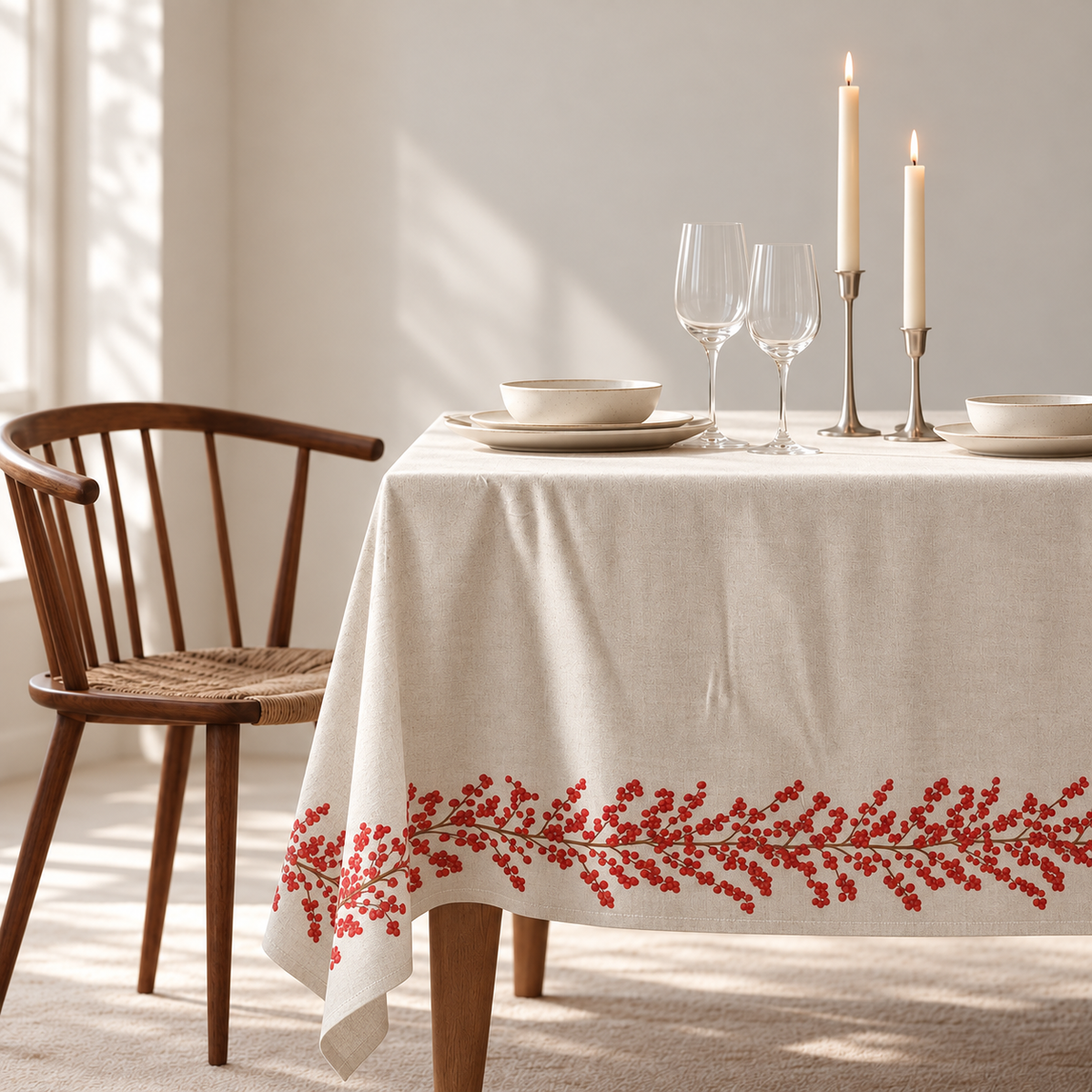 Tischdecke für Weihnachten aus bedrucktem Leinen – Rubinranken