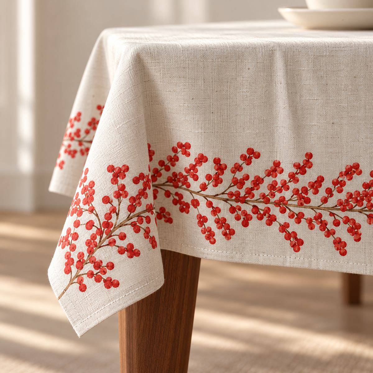 Tischdecke für Weihnachten aus bedrucktem Leinen – Rubinranken