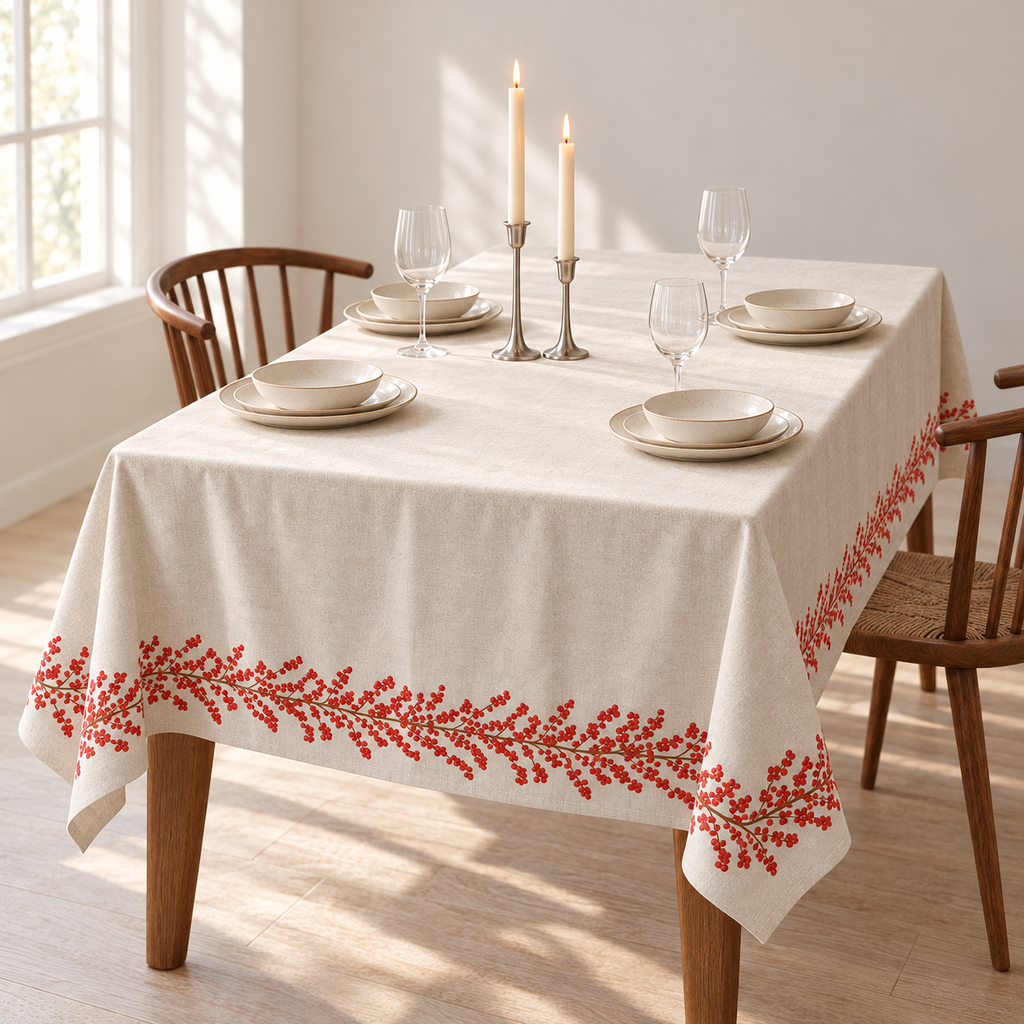 Tischdecke für Weihnachten aus bedrucktem Leinen – Rubinranken