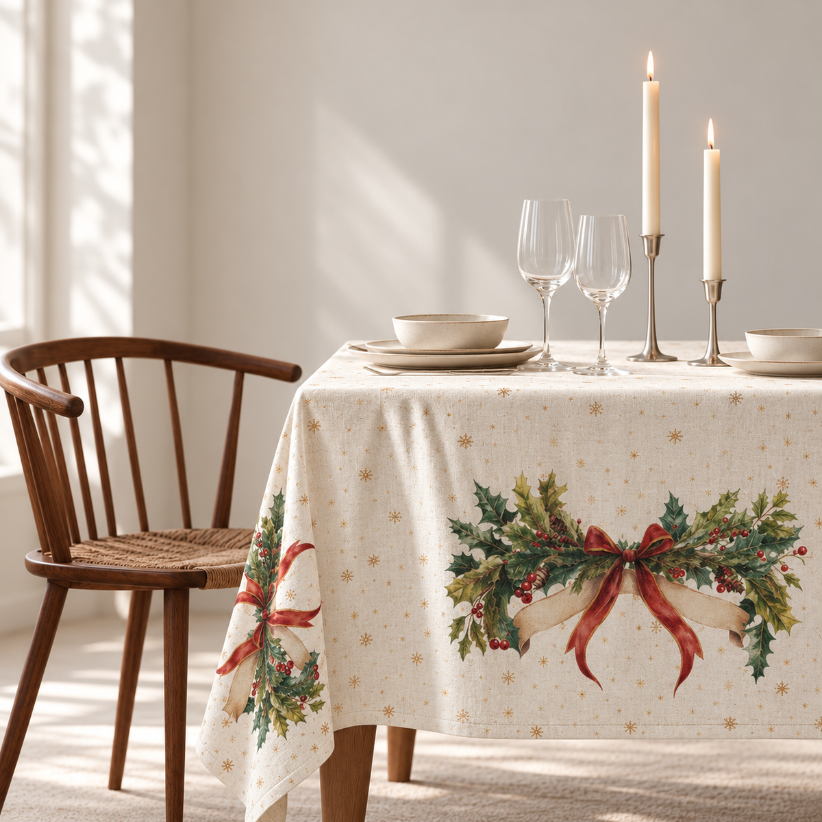 Printed linen Christmas tablecloth – Bow Magic