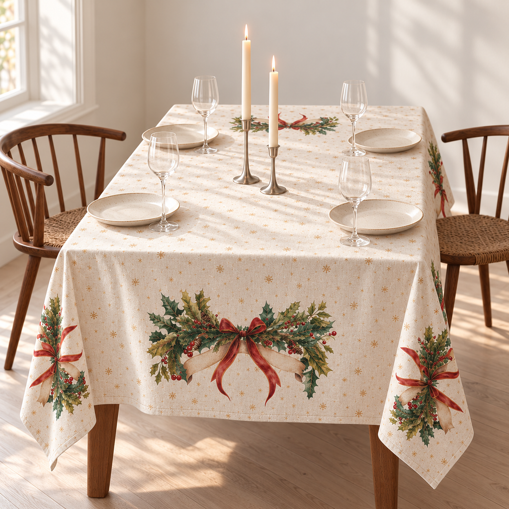 Tischdecke für Weihnachten aus bedrucktem Leinen – Schleifenzauber