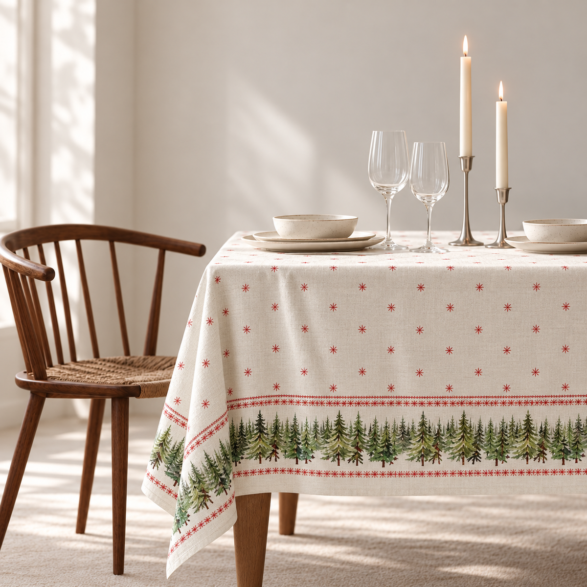 Tischdecke für Weihnachten aus bedrucktem Leinen – Tannen & Sterne
