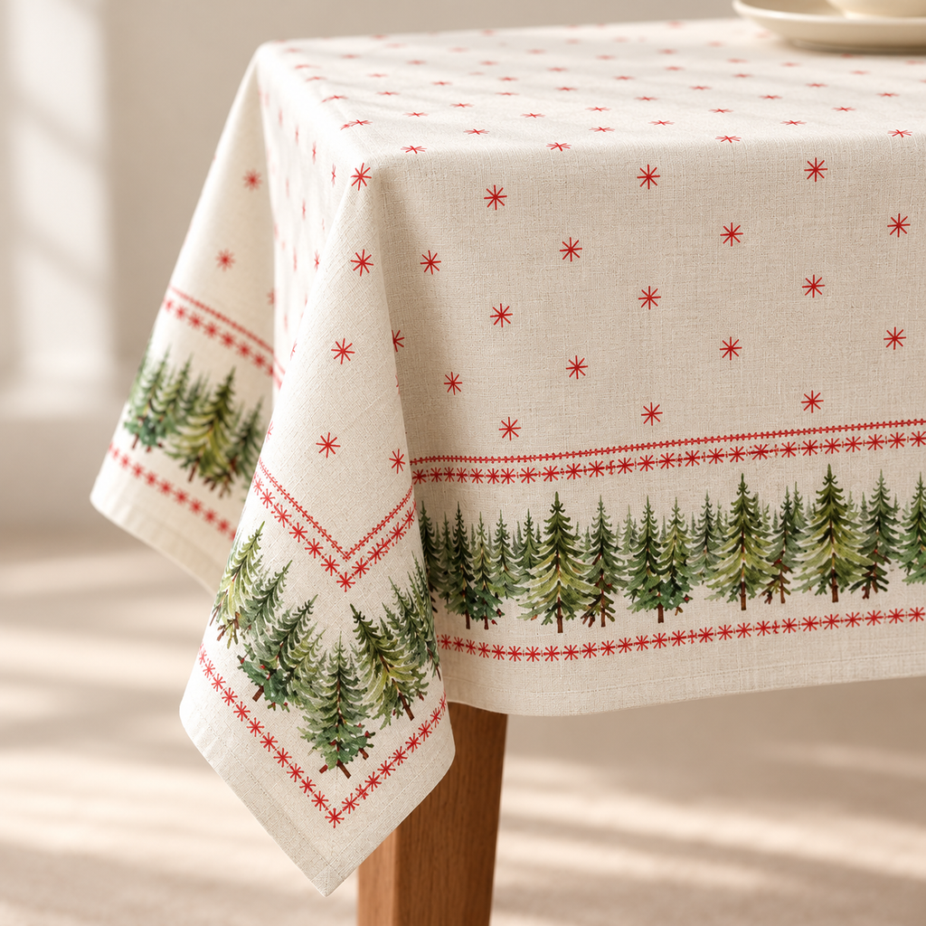 Tischdecke für Weihnachten aus bedrucktem Leinen – Tannen & Sterne