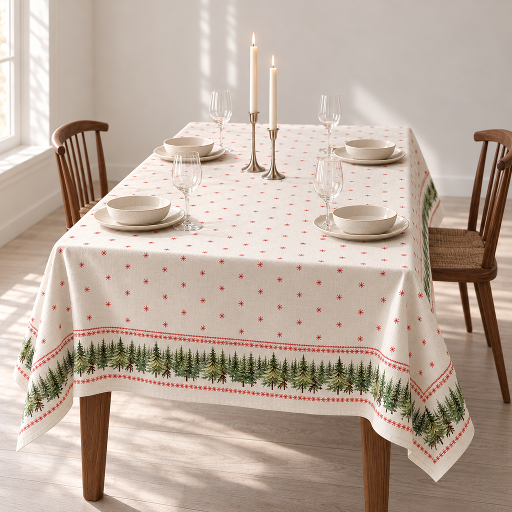 Tischdecke für Weihnachten aus bedrucktem Leinen – Tannen & Sterne