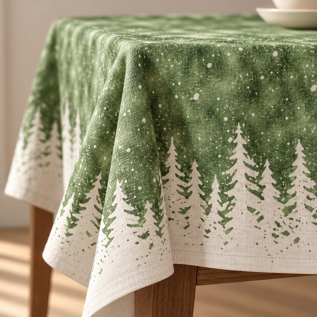 Tischdecke für Weihnachten aus bedrucktem Leinen – Tannensilhouetten