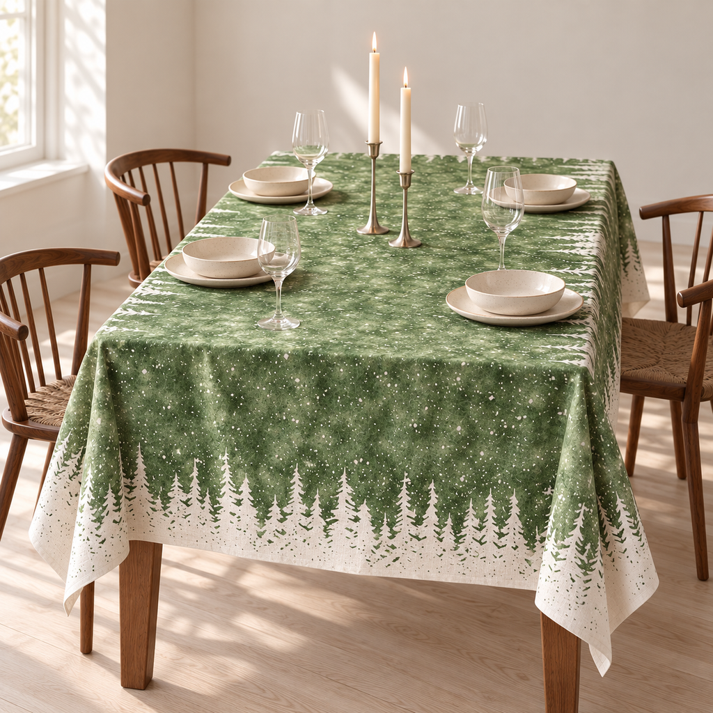 Tischdecke für Weihnachten aus bedrucktem Leinen – Tannensilhouetten