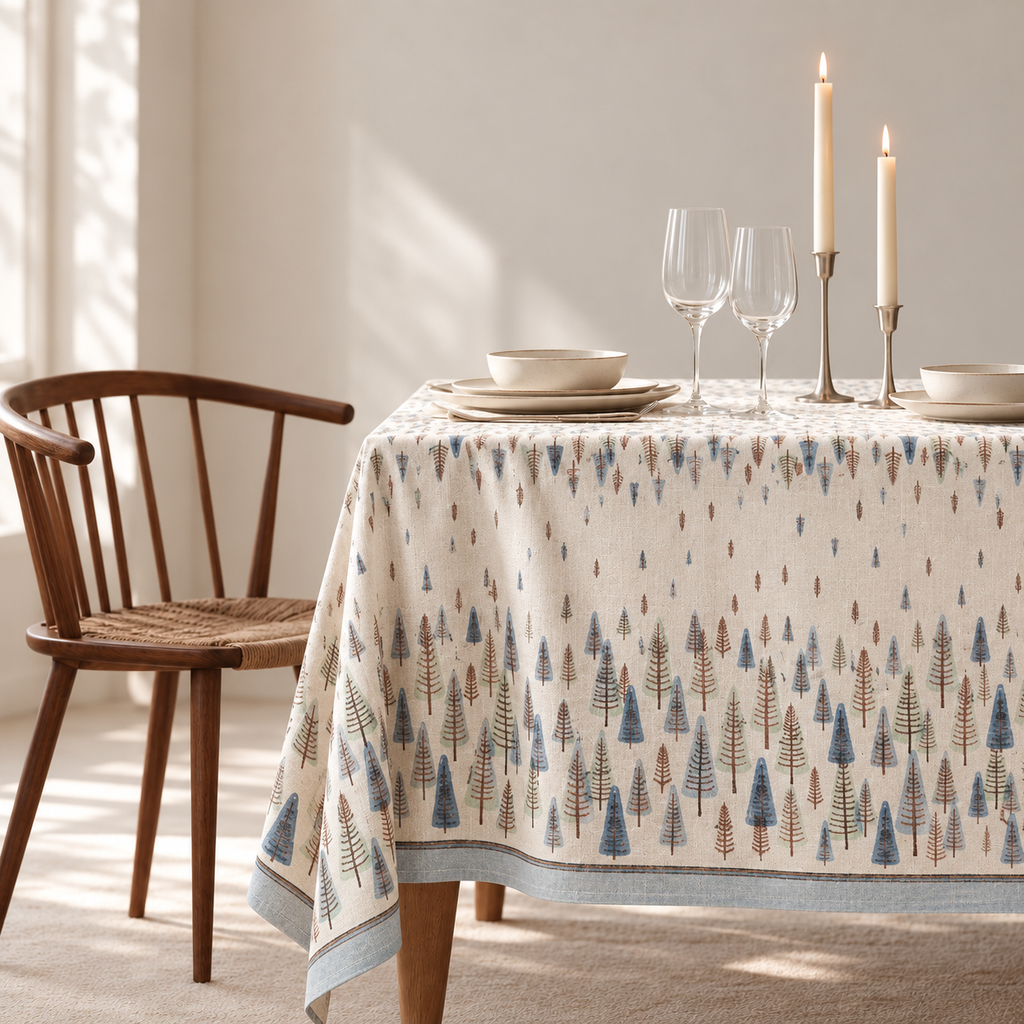Tischdecke für Weihnachten aus bedrucktem Leinen – Winteraquarell