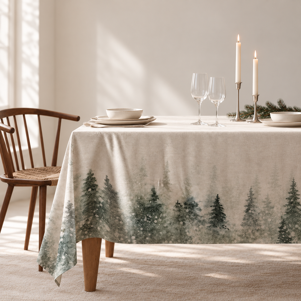 Tischdecke für Weihnachten aus bedrucktem Leinen – Winterwald