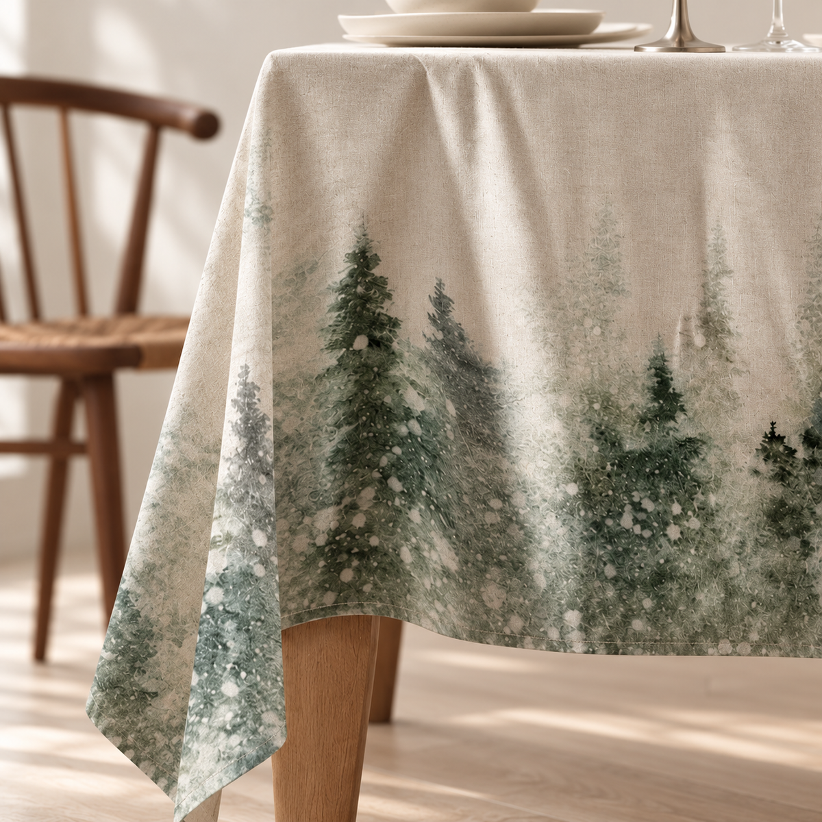 Tischdecke für Weihnachten aus bedrucktem Leinen – Winterwald