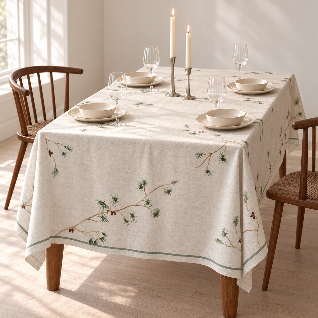 Tischdecke für Weihnachten aus bedrucktem Leinen – Zapfen & Zweige