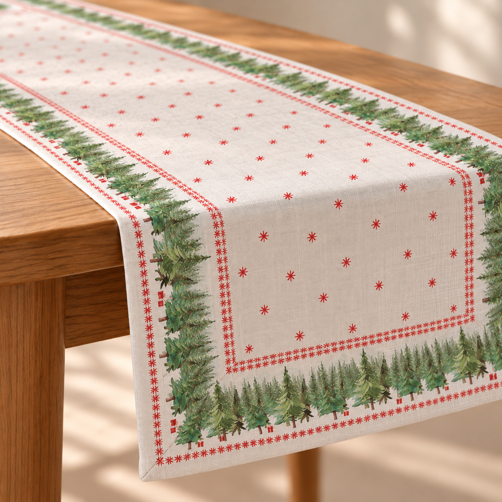 Tischläufer für Weihnachten aus bedrucktem Leinen – Tannen & Sterne