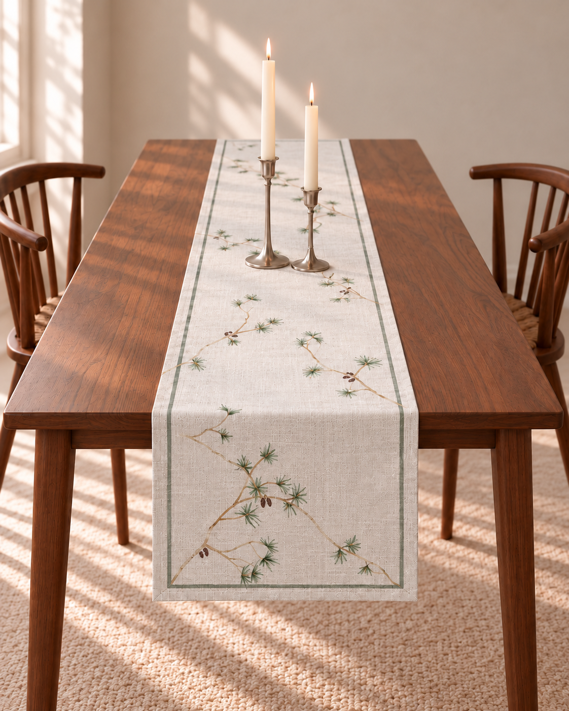 Chemin de table de Noël en lin imprimé - Pommes de pin et branches